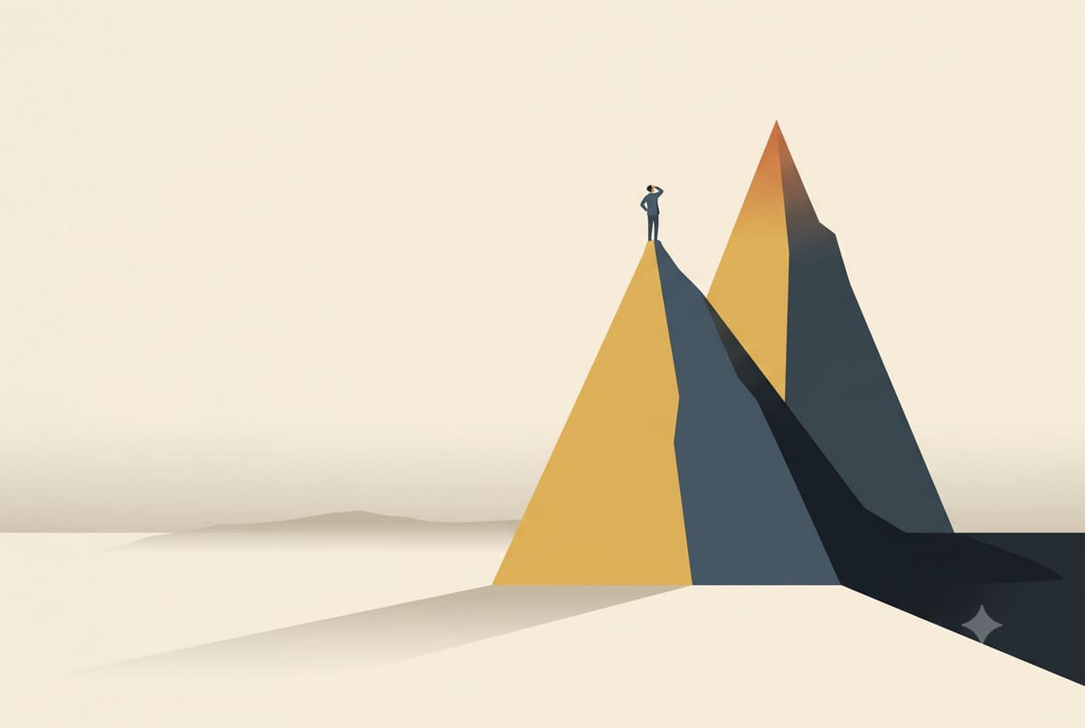 A small figure stands atop a tall golden peak, looking up at a slightly taller peak just behind it, with a flat, dim plain barely visible far below both.