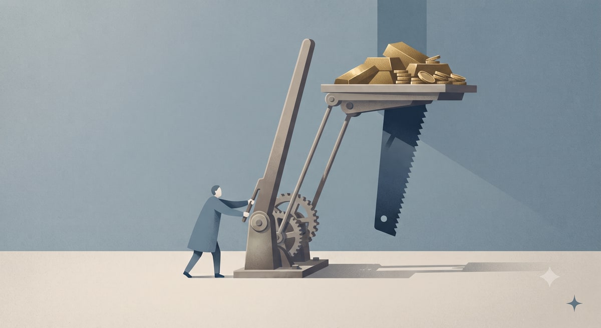 A lone figure pulls a tall lever that raises a platform of gold safely above a large descending blade.
