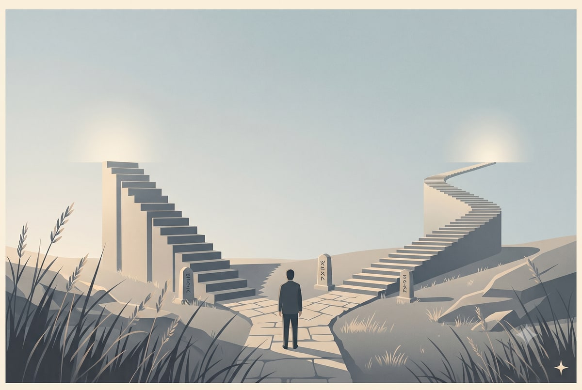 A lone figure stands at a fork under pale overcast morning light, where two stone stairways climb toward separate patches of light.