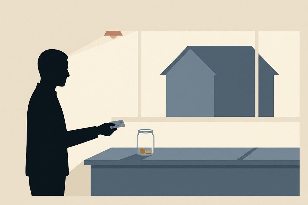 A person in silhouette holds a bank card toward a repair counter where a small jar holds two coins, while a large house stands in the window behind, out of reach.