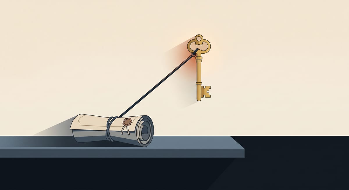 A gold house key hangs suspended by a taut cord tethered to a bundled Treasury bond scroll resting on a ledge, the cord pulled tight.