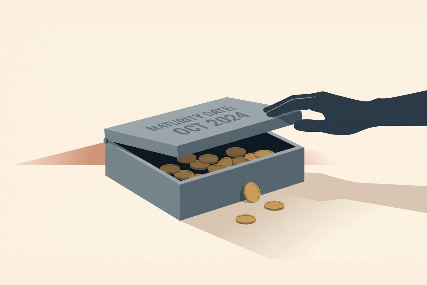 An illustration of a certificate-of-deposit lockbox labeled 'Maturity Date: Oct 2024,' propped open on a narrow hinge, most gold coins still resting inside while a few have spilled onto the ground, as an anonymous silhouetted hand reaches for the lid.