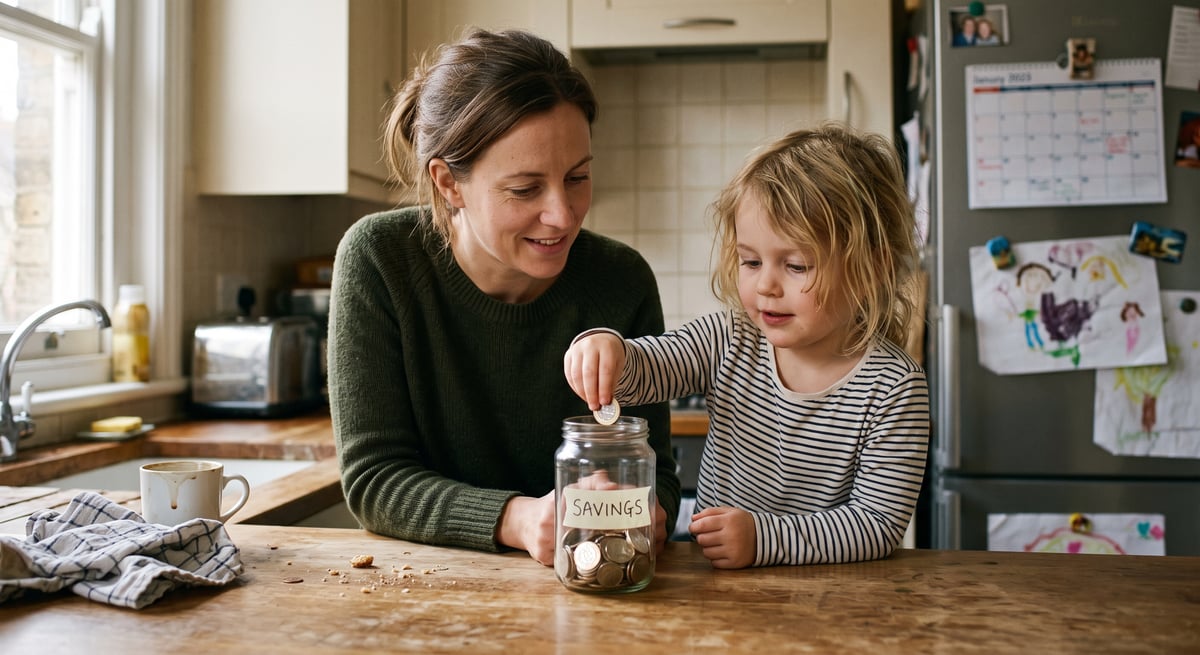A parent and young child stand together at a kitchen counter, the child dropping a coin into a glass jar labeled savings while the parent looks on.