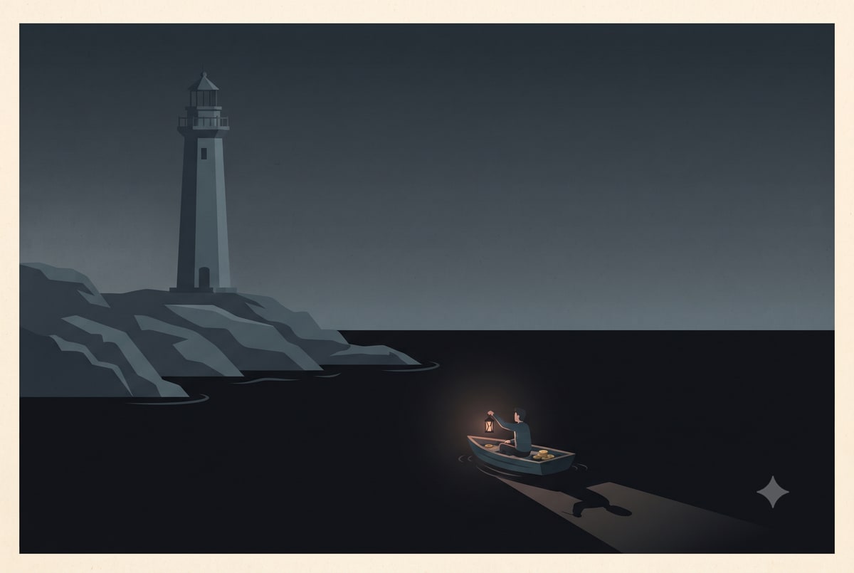 A darkened, unlit lighthouse stands on a rocky headland at night while a lone figure in a small boat holds up a single warm lantern over a few gold coins, finding their own way across black water.