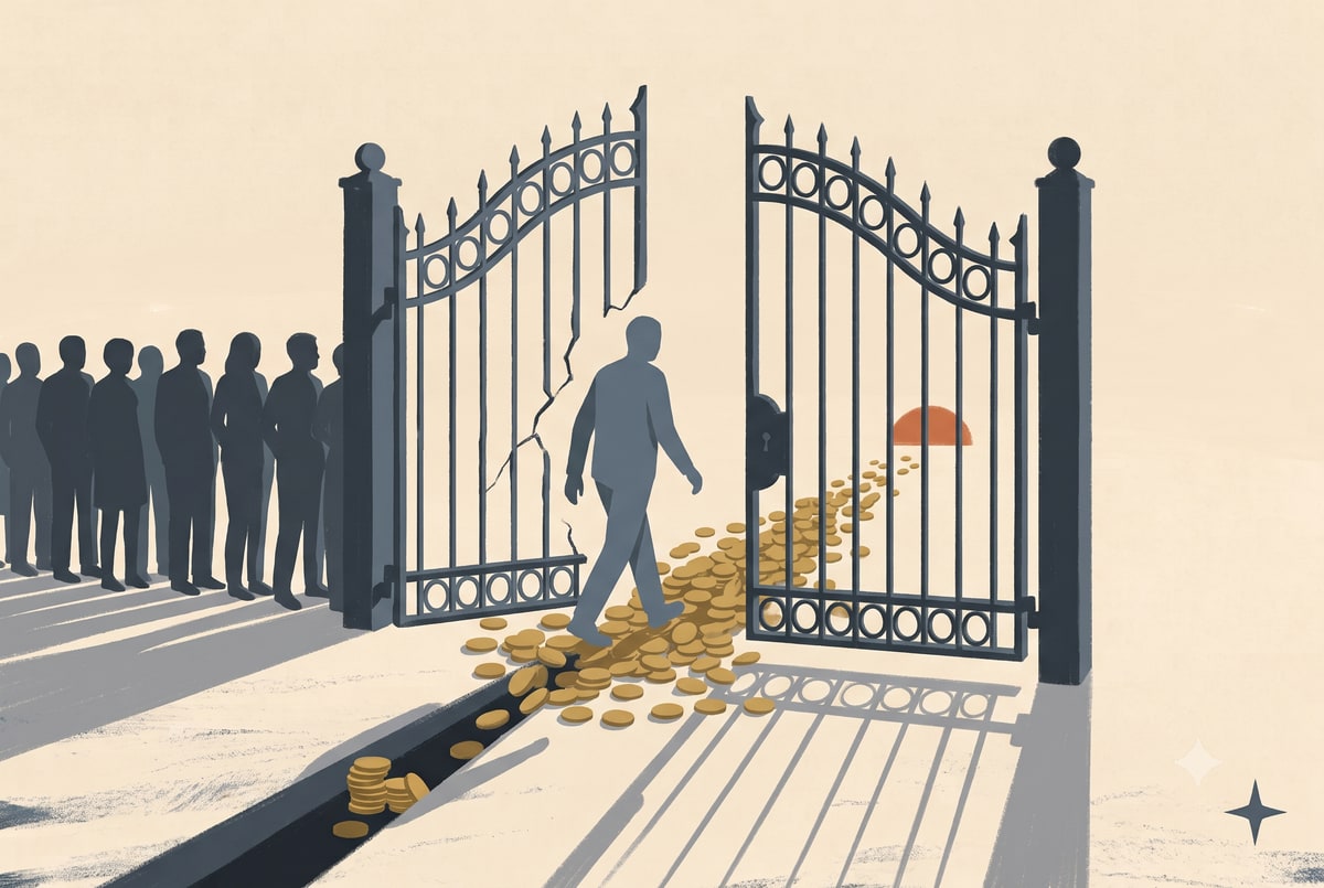 A lone figure walks through a cracked-open ornate iron gate toward a warm sunset glow, gold coins trailing along the ground through the gap, while a line of shadowed figures still waits behind the gate.
