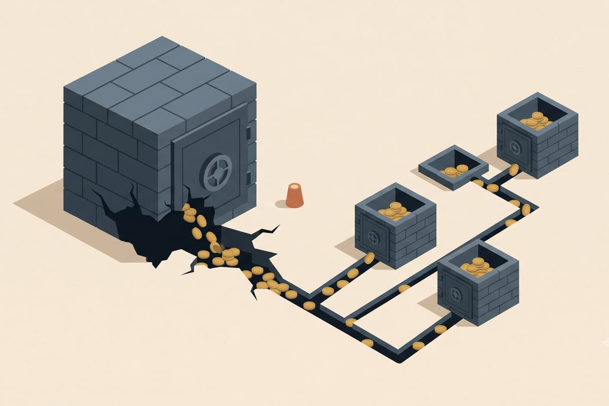 A single stone vault cracks open at its base while its spilled coins reroute through narrow channels into three smaller vaults arranged in ascending steps.