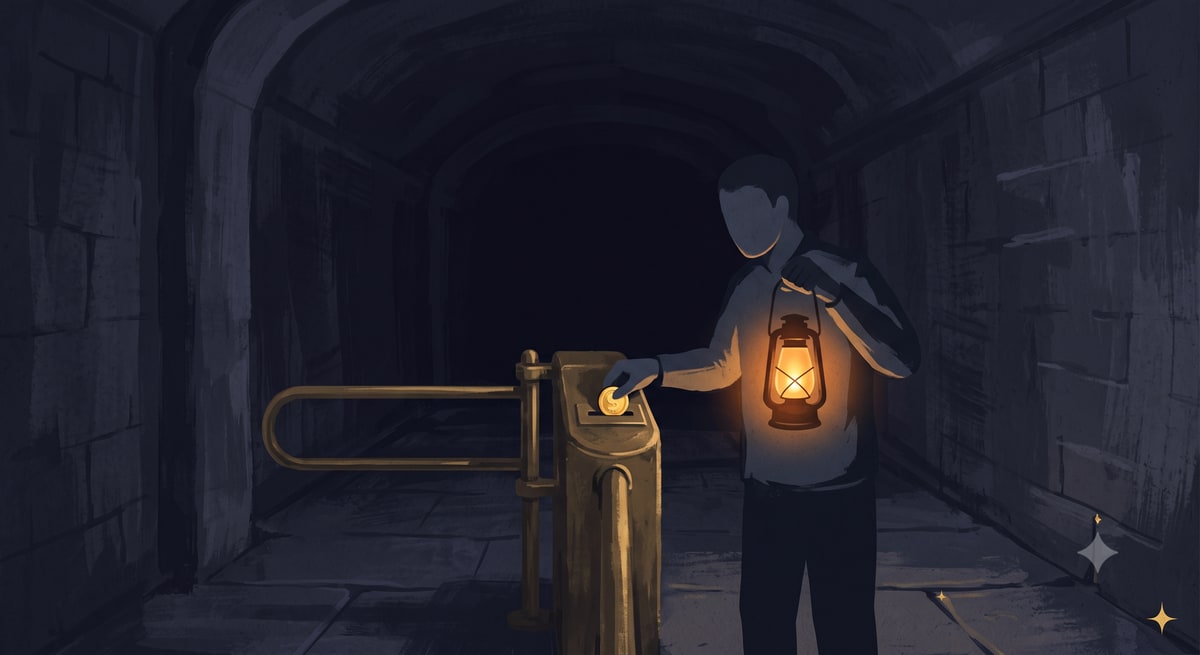 A lone figure in a dark stone corridor feeds a gold coin into an old brass turnstile by lantern light, unaware the turnstile's arm already hangs loose and open behind them.