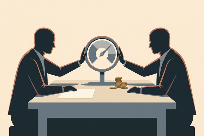 Two silhouetted Federal Reserve governors each press a hand against opposite sides of a single rate dial on a shared desk, the needle caught between them beside a small stack of coins.