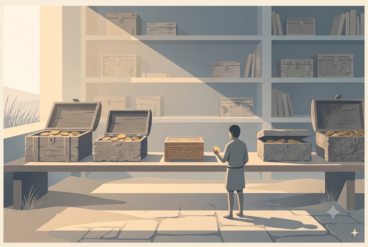 A lone figure holds a single gold coin, pausing before a brand-new empty box set among older boxes that already hold gold.