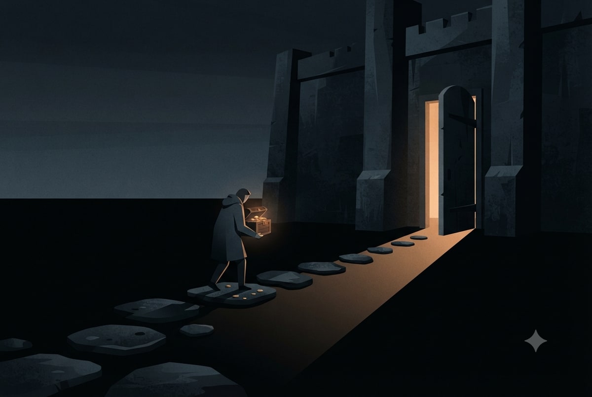 A lone figure carries a glowing chest of gold coins across dark stepping stones toward an open doorway of warm light in a massive stone wall, moving through while the door still stands open.