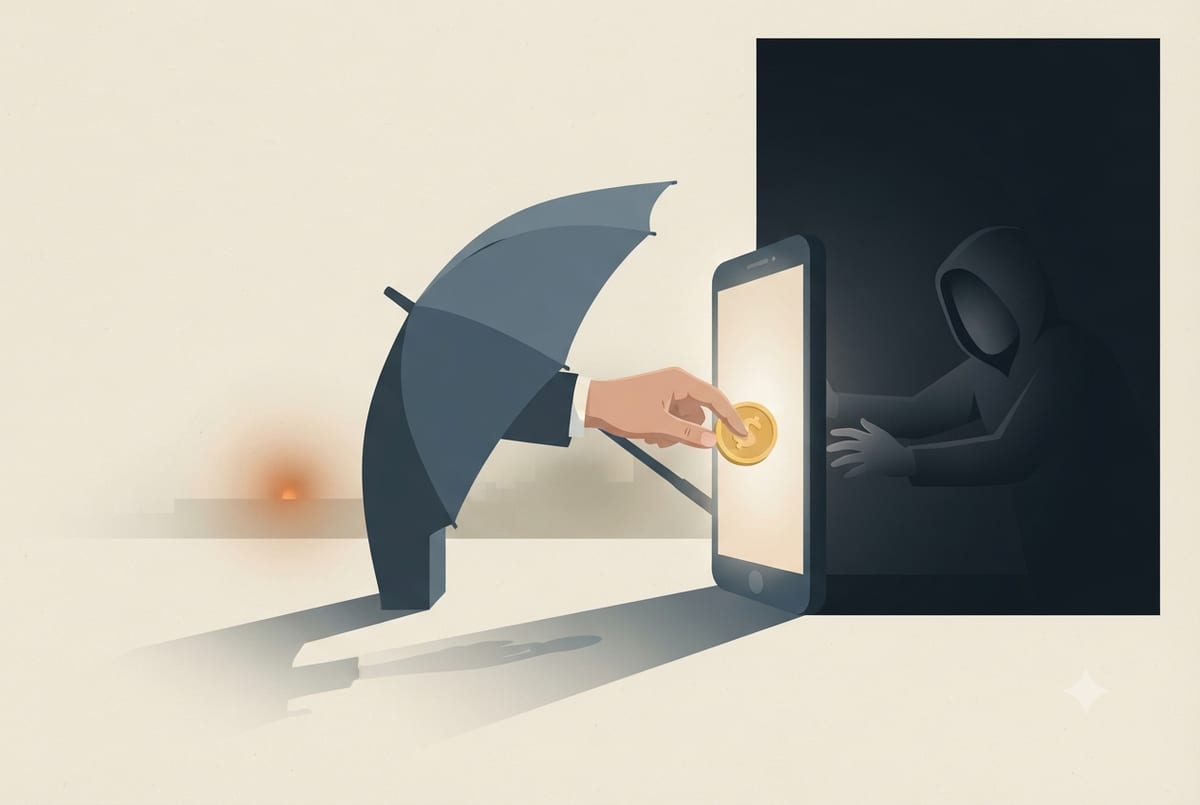 A hand pushes a gold coin out through a phone toward a hooded shadow figure, while a slate umbrella of protection is turned away.